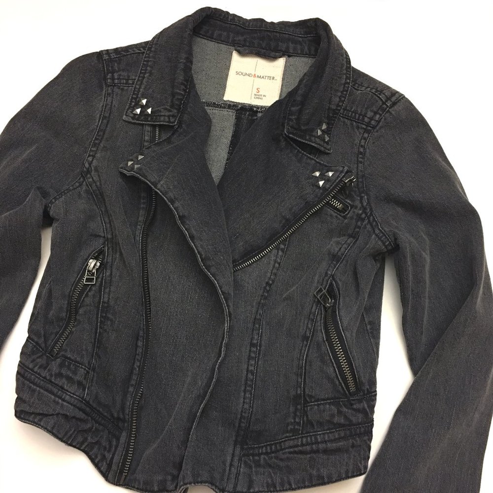Sound & Matter Dark Gray Studded Moto Denim Jacket
